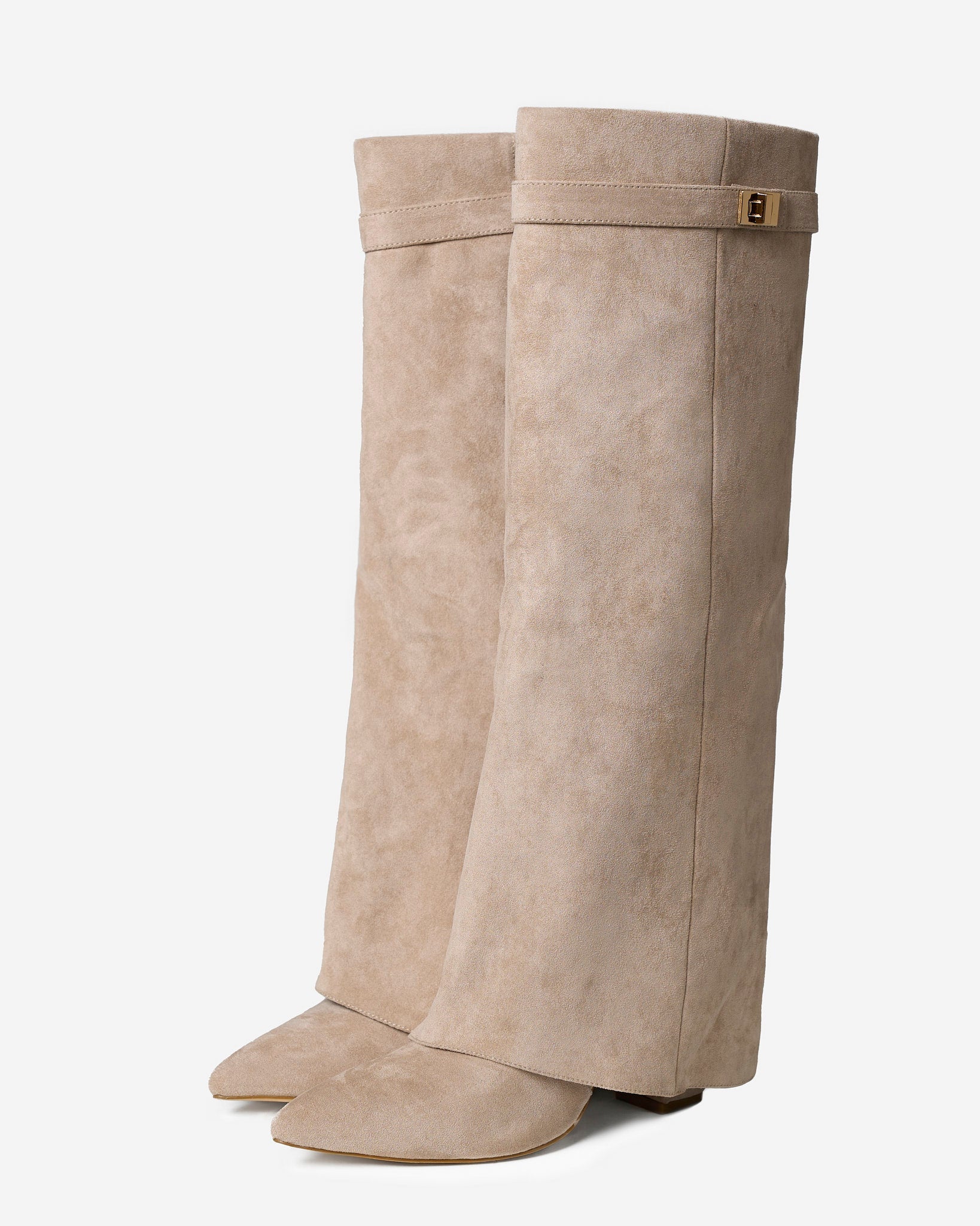 Kniestiefel Damen mit Fold-over-Schaft und goldenem Drehriegelverschluss – Isadora