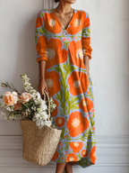 Maxikleid Damen mit großformatigem Retro-Blumen-Print und V-Ausschnitt – Solange