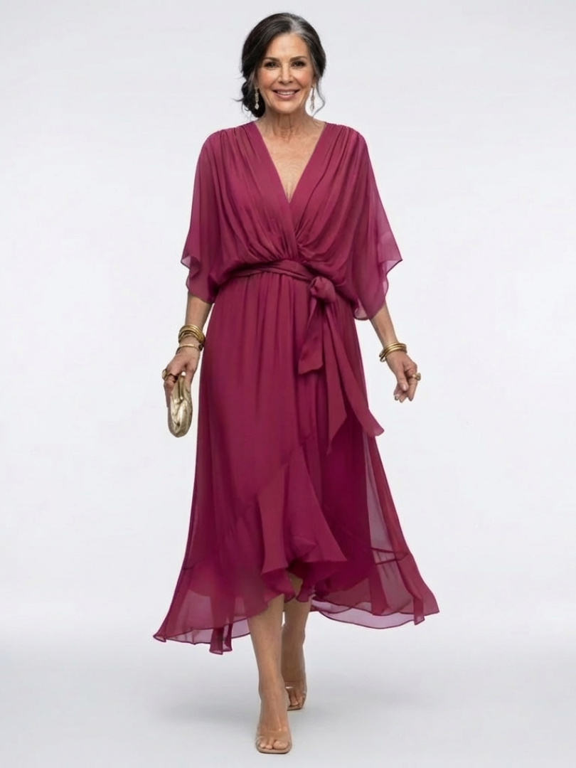 Midikleid Damen mit tiefem V-Ausschnitt und Fledermausärmeln – Mirabelle