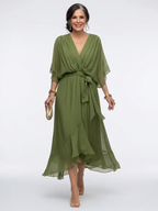 Midikleid Damen mit tiefem V-Ausschnitt und Fledermausärmeln – Mirabelle