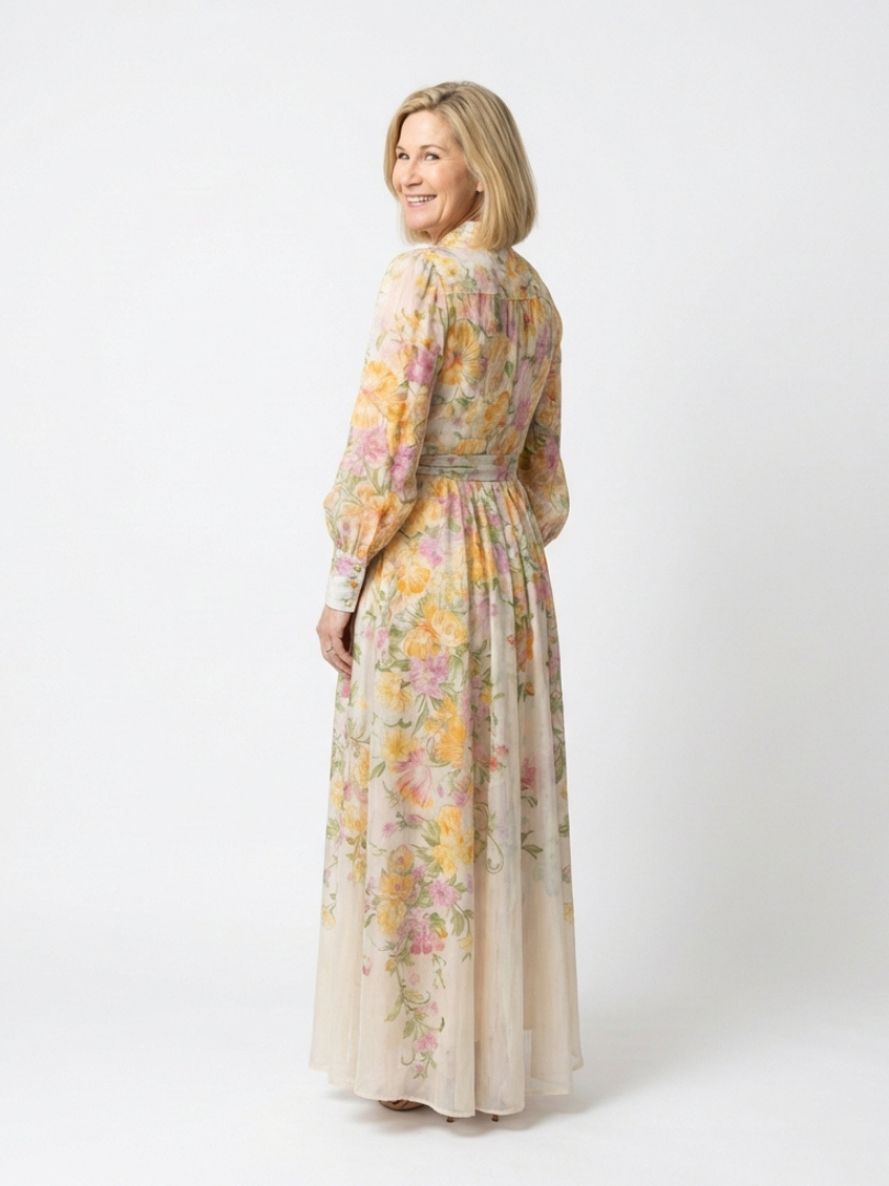 Maxikleid Damen mit Blumen-Print und Bindegürtel – Gwendoline
