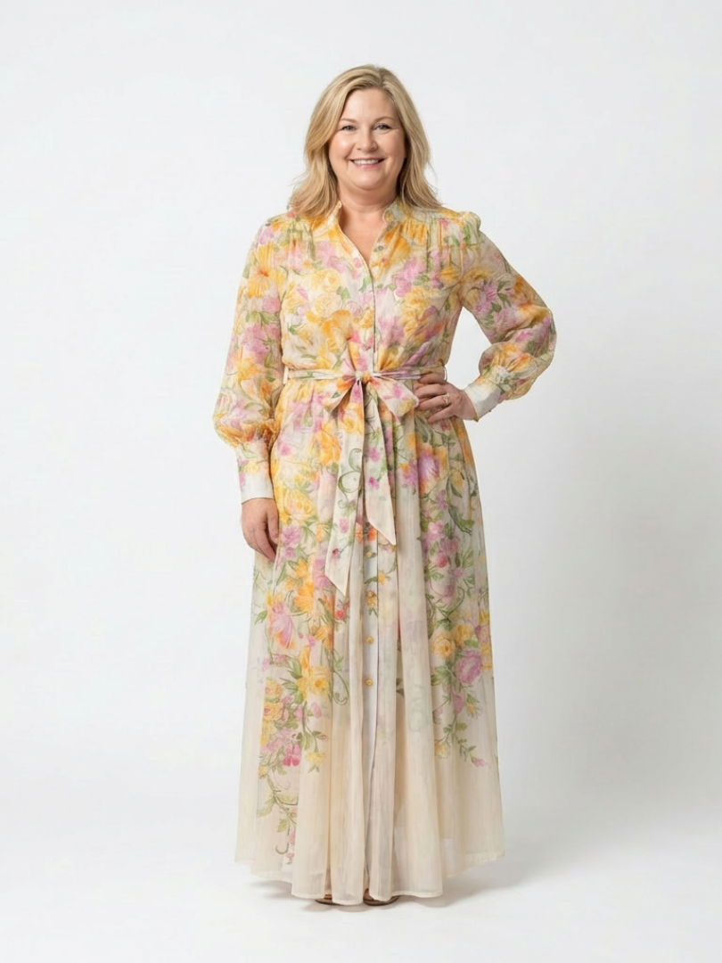 Maxikleid Damen mit Blumen-Print und Bindegürtel – Gwendoline