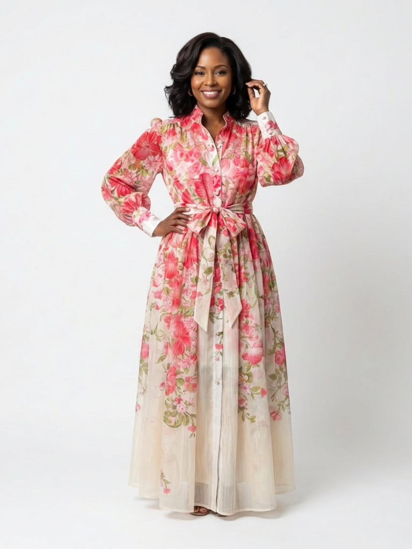 Maxikleid Damen mit Blumen-Print und Bindegürtel – Gwendoline