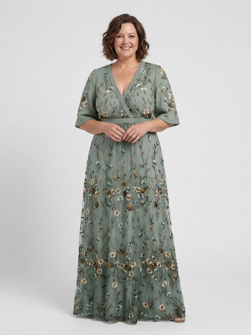 Abendkleid Damen mit Blumenstickerei und V-Ausschnitt – Arabell