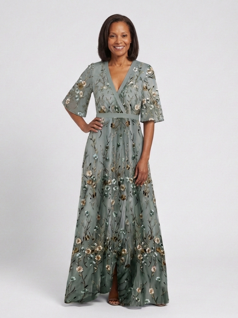 Abendkleid Damen mit Blumenstickerei und V-Ausschnitt – Arabell