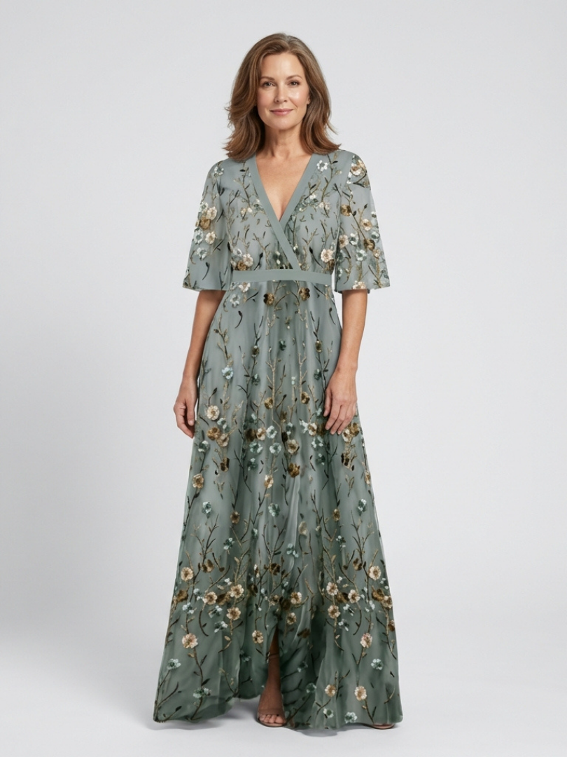 Abendkleid Damen mit Blumenstickerei und V-Ausschnitt – Arabell