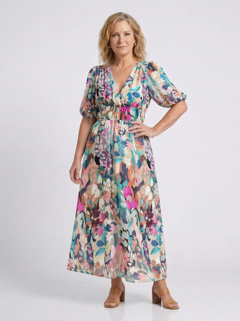 Maxikleid Damen mit buntem Blumen-Print und Puffärmeln – Thessaly