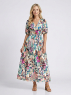 Maxikleid Damen mit buntem Blumen-Print und Puffärmeln – Thessaly