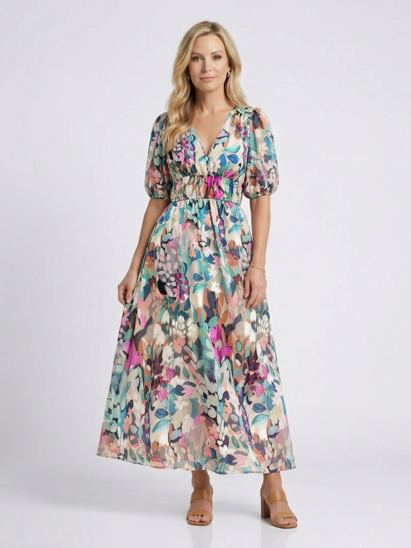Maxikleid Damen mit buntem Blumen-Print und Puffärmeln – Thessaly