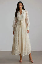 Spitzenkleid Damen mit Puffärmeln und Bindegürtel – Celestina
