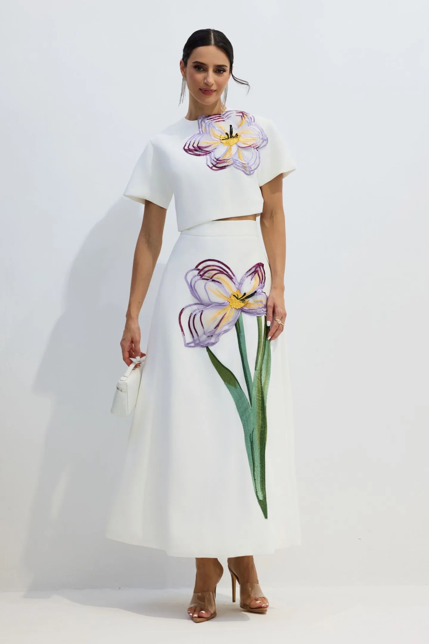 Zweiteiler Damen mit Crop-Top und Midirock mit Blumenprint – Fiora