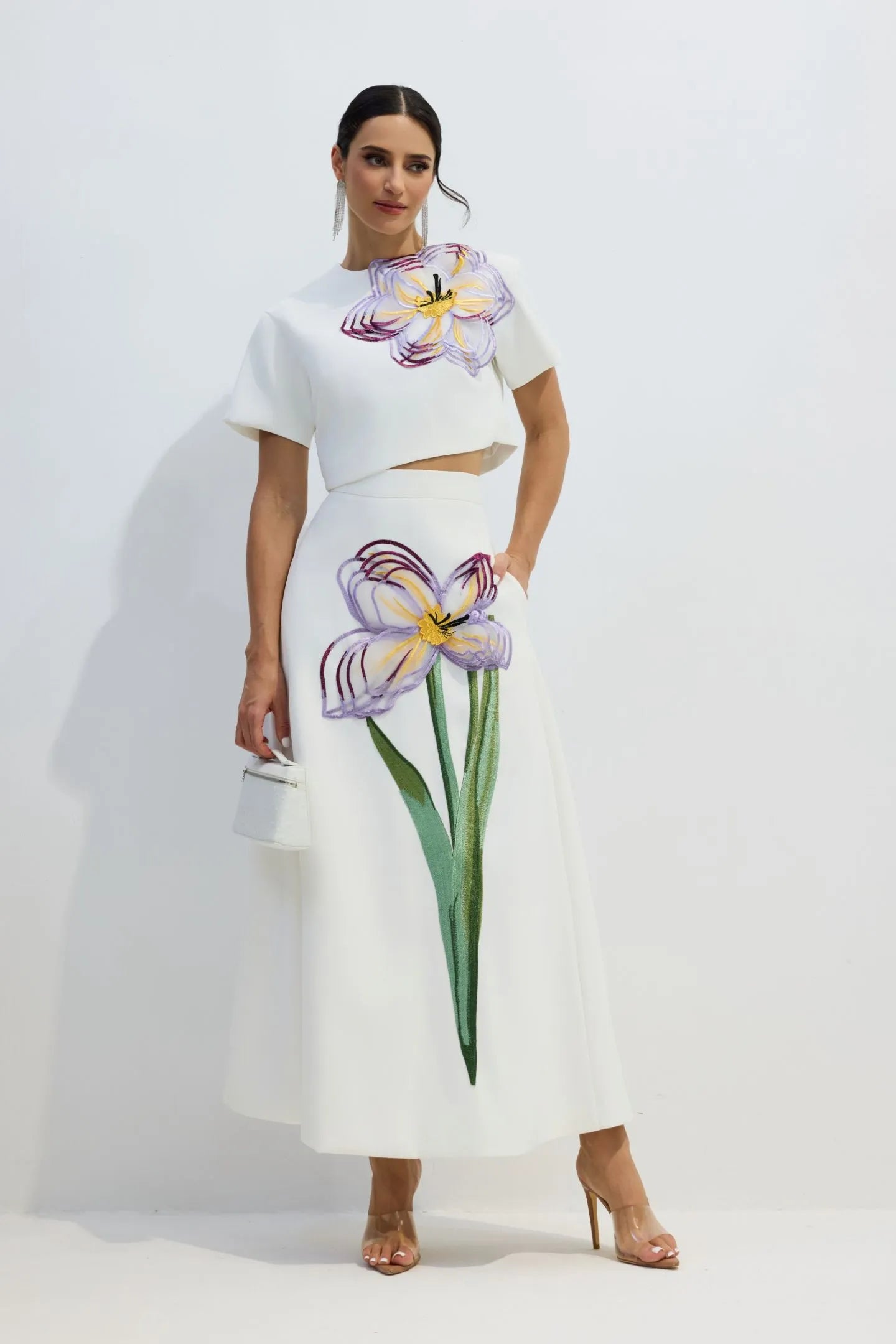 Zweiteiler Damen mit Crop-Top und Midirock mit Blumenprint – Fiora