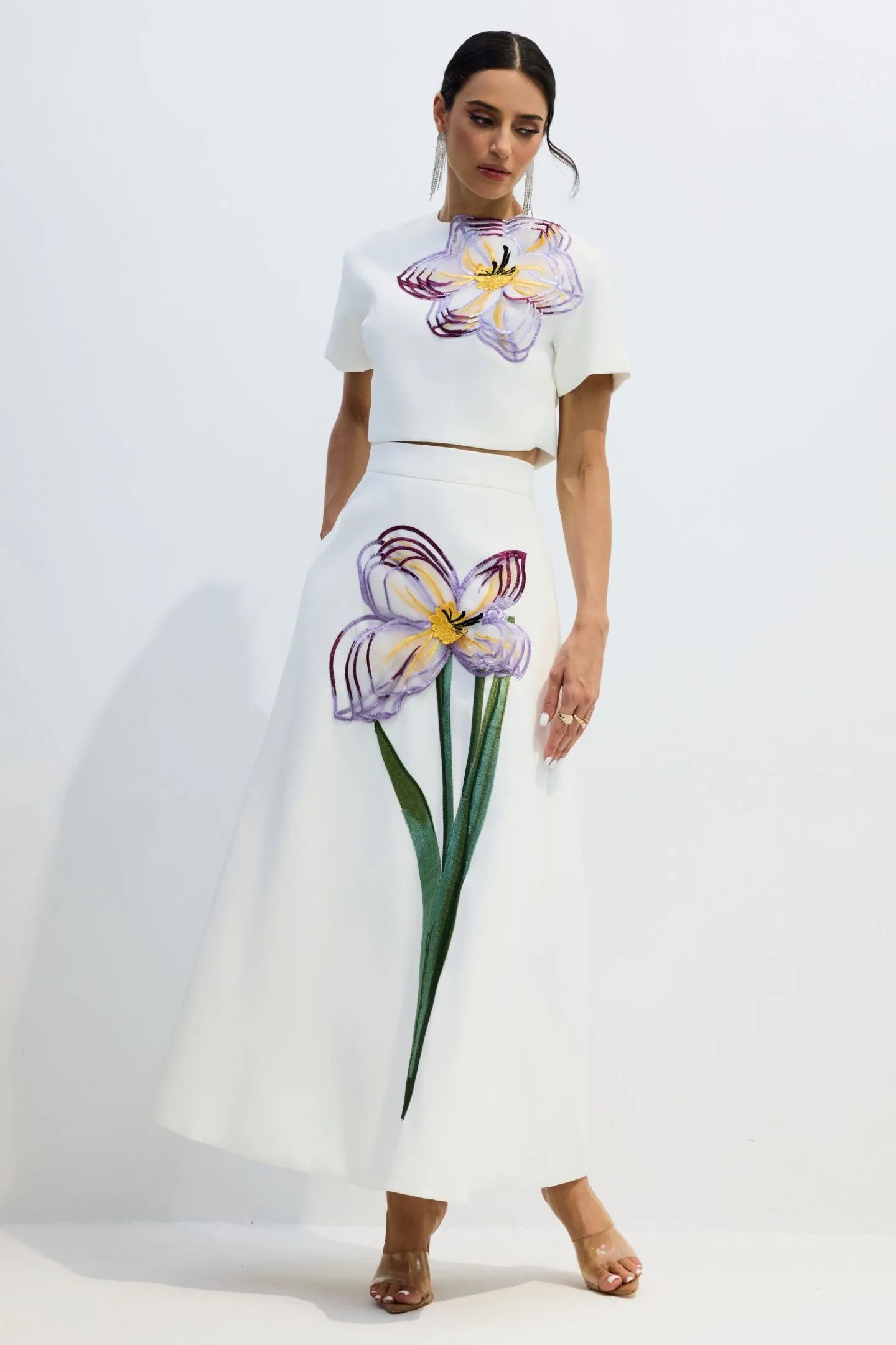 Zweiteiler Damen mit Crop-Top und Midirock mit Blumenprint – Fiora