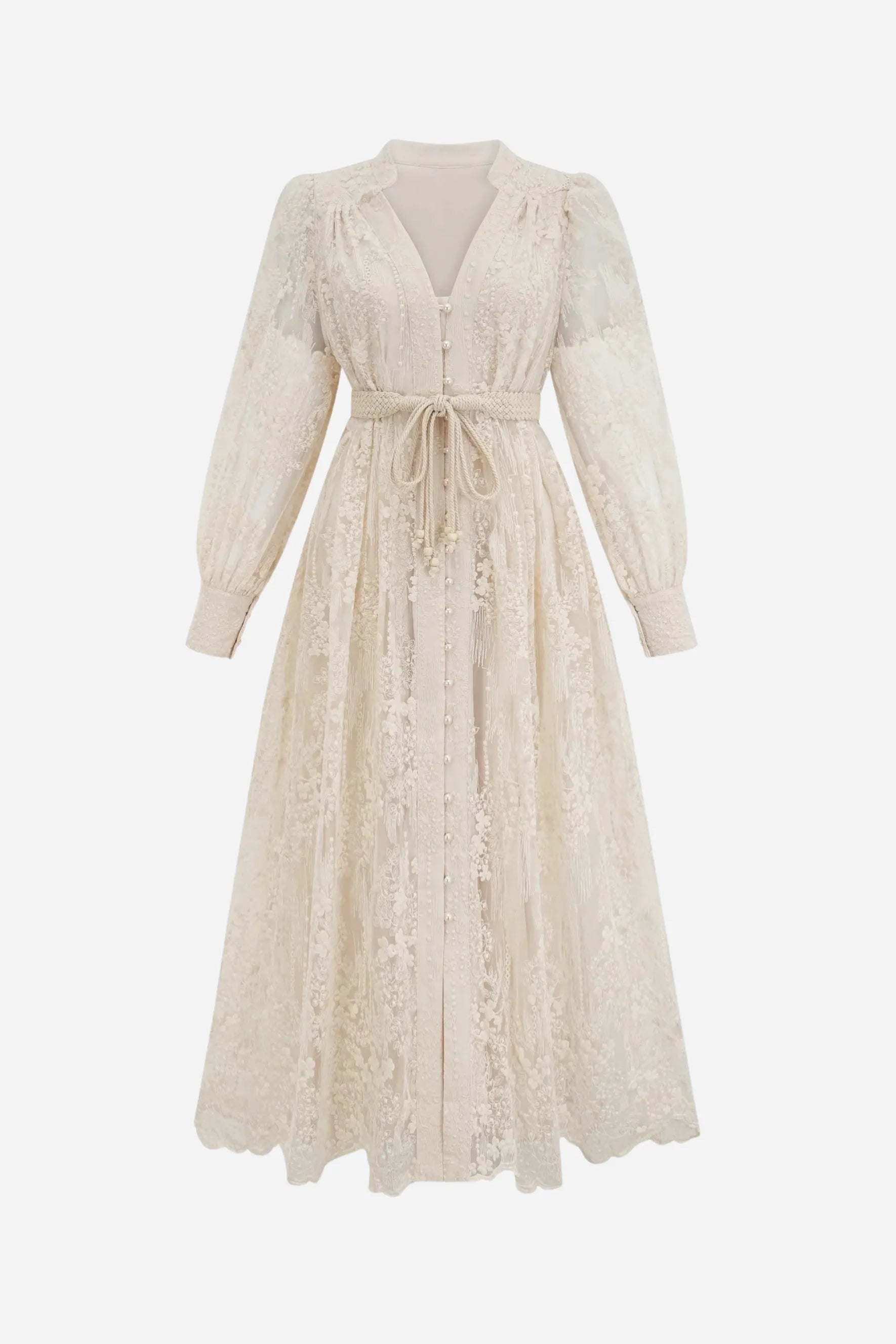 Spitzenkleid Damen mit Puffärmeln und Bindegürtel – Celestina
