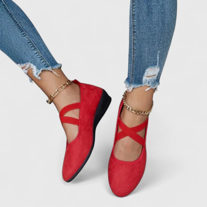 Ballerinas Damen mit Kreuz-Elastikband und Wildlederoptik – Arabelle