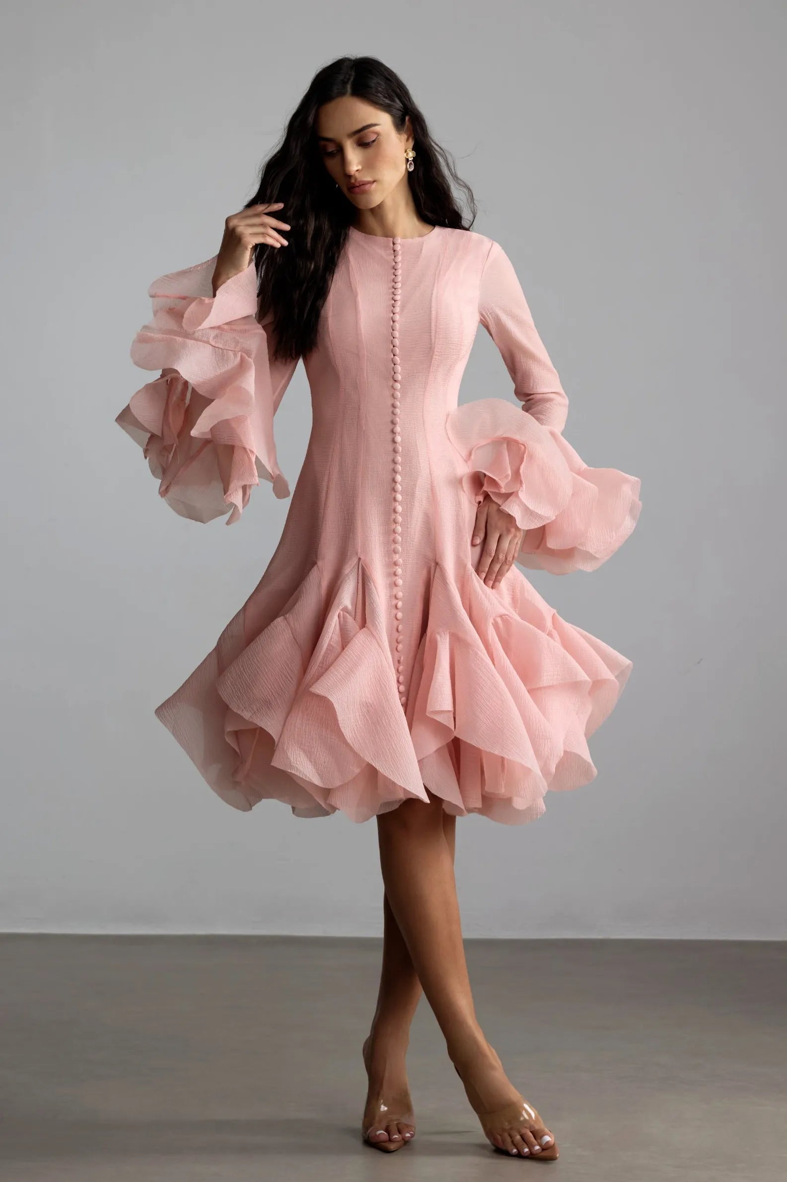 Cocktailkleid Damen mit Rüschenärmeln und ausgestelltem Rock – Ornella