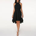 Minikleid Damen mit Neckholder-Ausschnitt und Chiffon-Stufenrock in High-Low-Schnitt – Blanchette