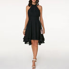 Minikleid Damen mit Neckholder-Ausschnitt und Chiffon-Stufenrock in High-Low-Schnitt – Blanchette