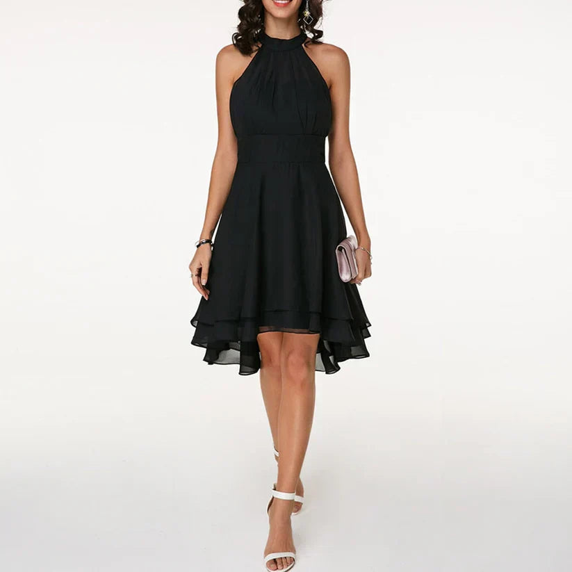 Minikleid Damen mit Neckholder-Ausschnitt und Chiffon-Stufenrock in High-Low-Schnitt – Blanchette