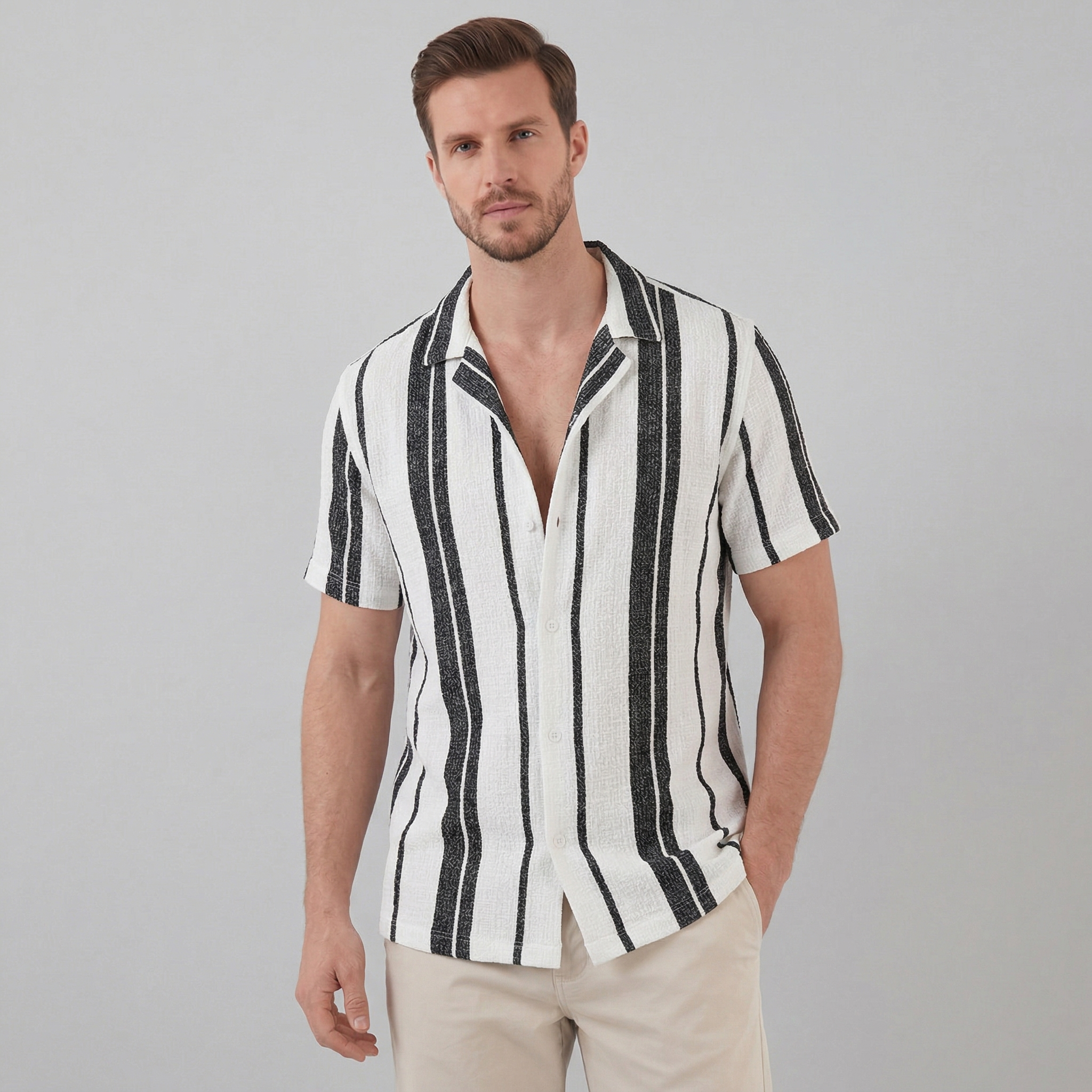 Kurzarmhemd Herren mit Streifen-Print und Cuban-Collar – Valentino