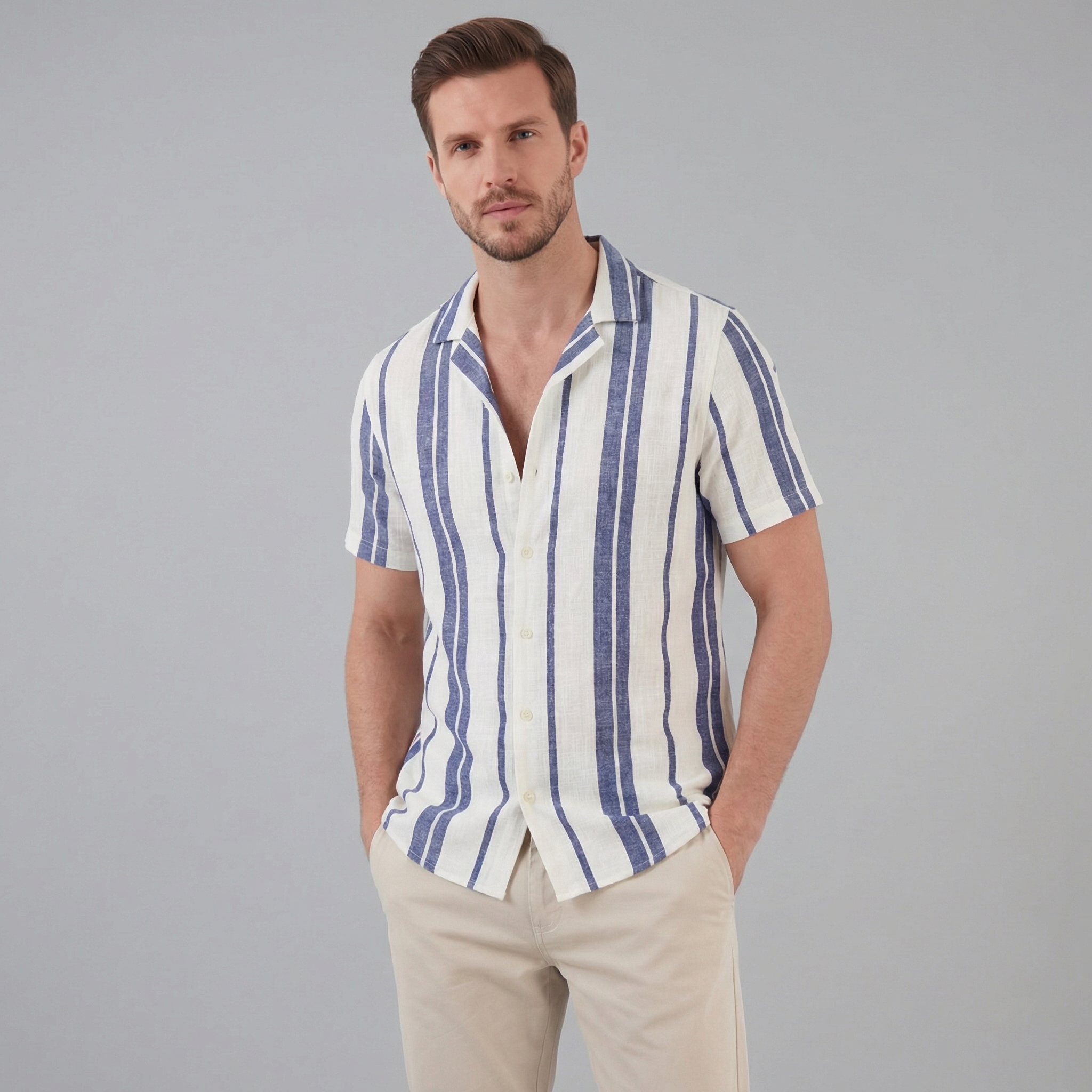 Kurzarmhemd Herren mit Streifen-Print und Cuban-Collar – Valentino