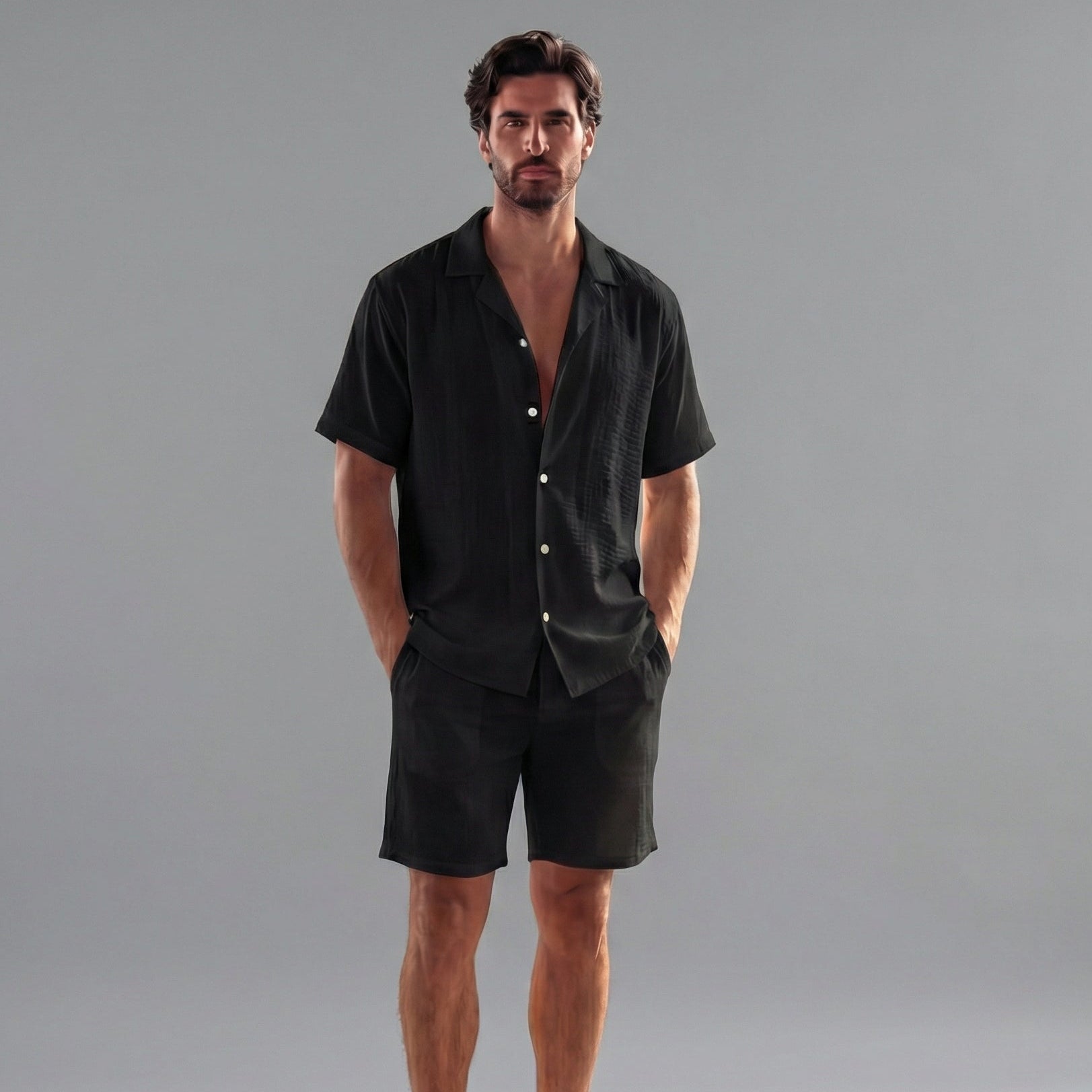 Zweiteiler Herren mit Kurzarmhemd und Shorts aus Leinenmix – Ermanno