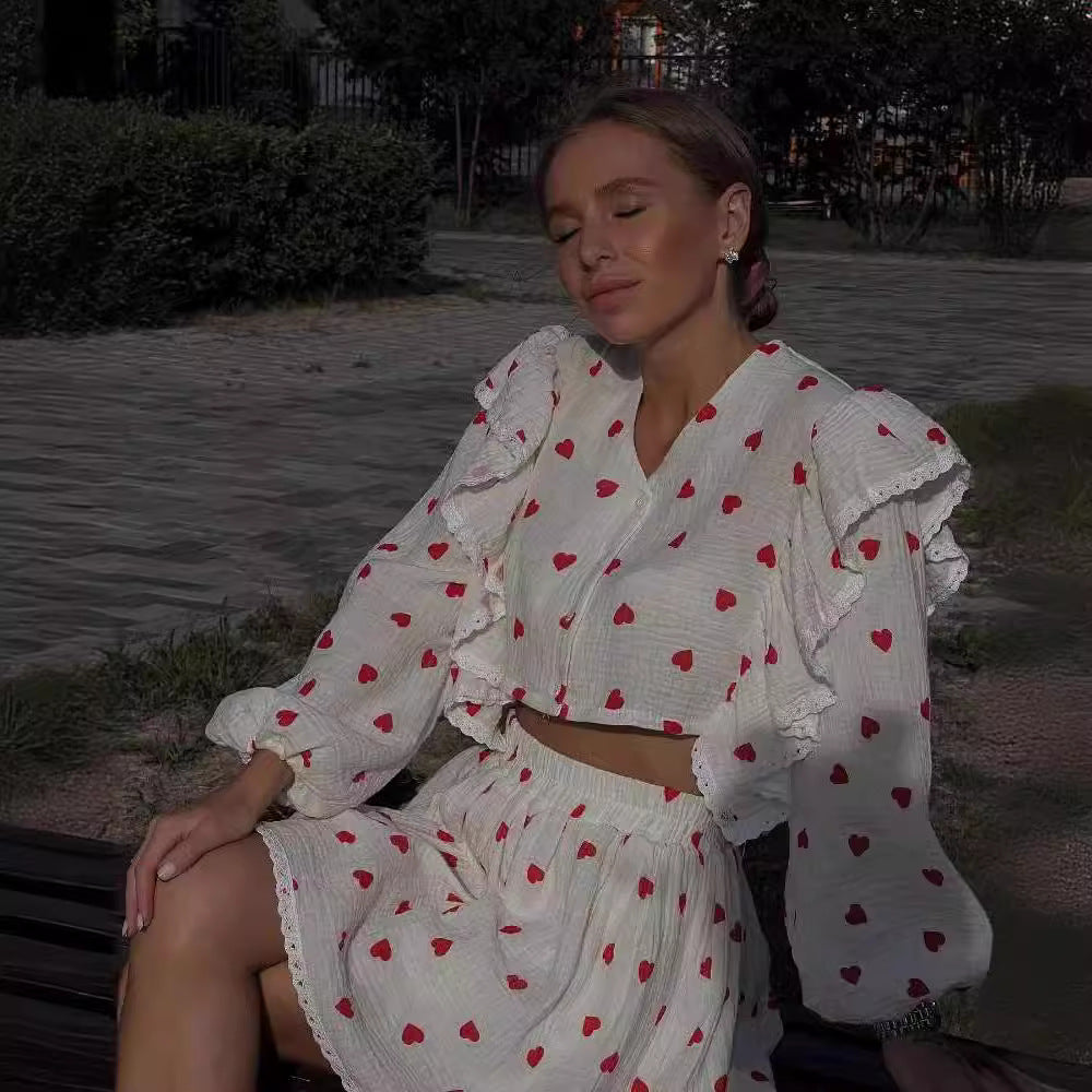 Zweiteiler Damen mit Blumen-Print und Rüschenärmeln – Cornélie