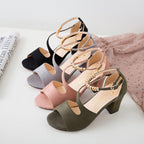 Sandalen Damen mit Blockabsatz und goldenem Knöchelriemen in Wildlederoptik – Ginevra