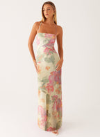 Maxikleid Damen mit Aquarell-Blumen-Print und Halter-Spaghettiträgern – Florentine