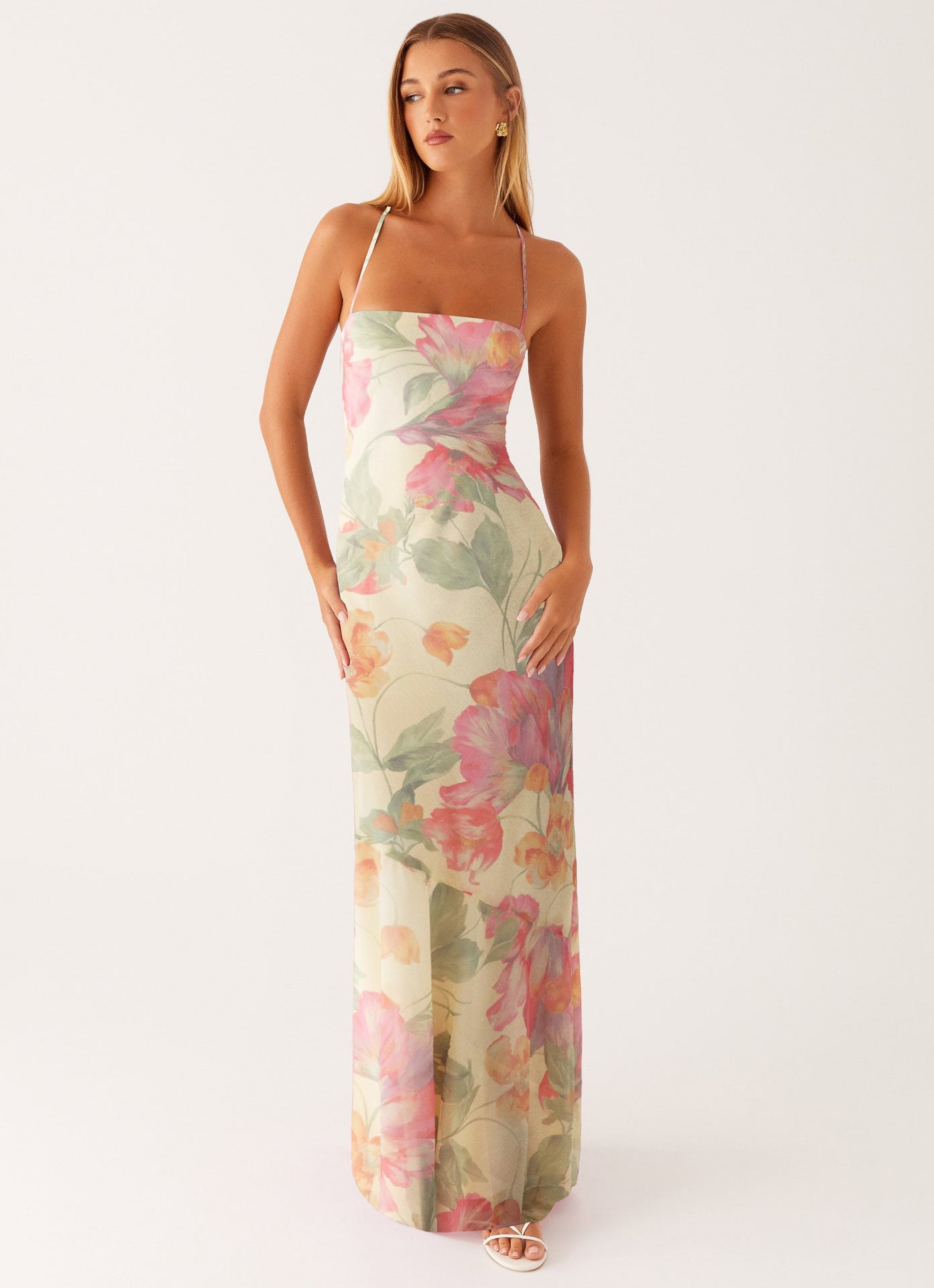 Maxikleid Damen mit Aquarell-Blumen-Print und Halter-Spaghettiträgern – Florentine