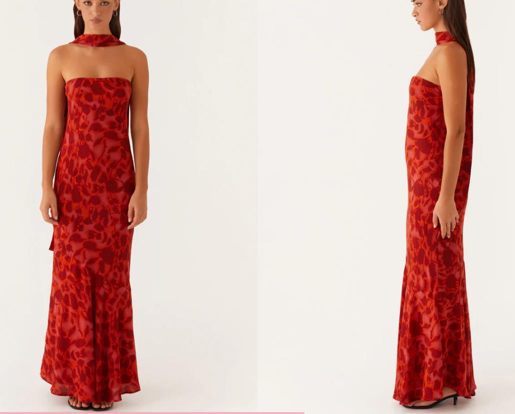 Abendkleid Damen mit Aquarell-Blumen-Print und Necktie-Detail – Rosabelle