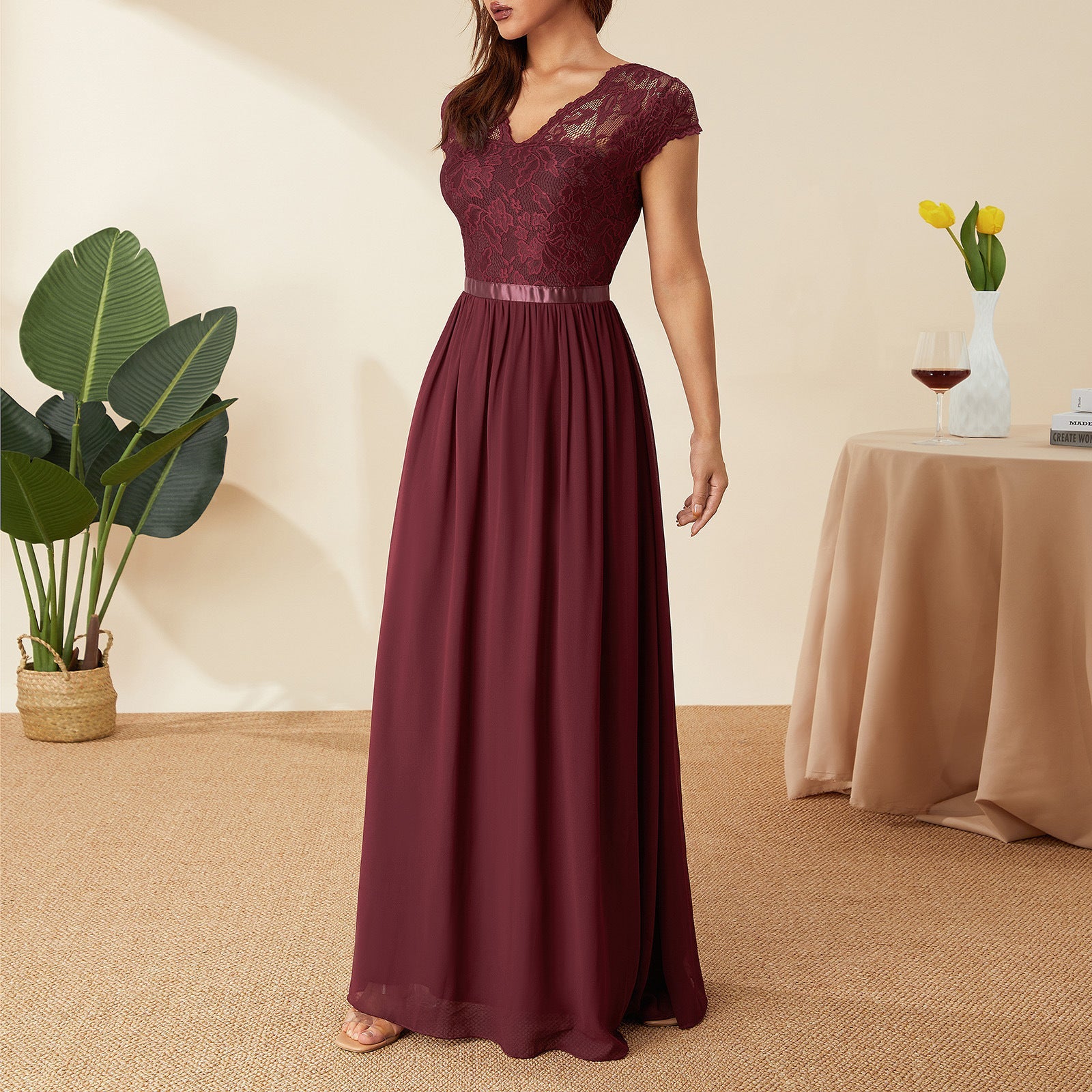 Abendkleid Damen mit Spitzen-Oberteil und Chiffon-Maxirock – Éléonore