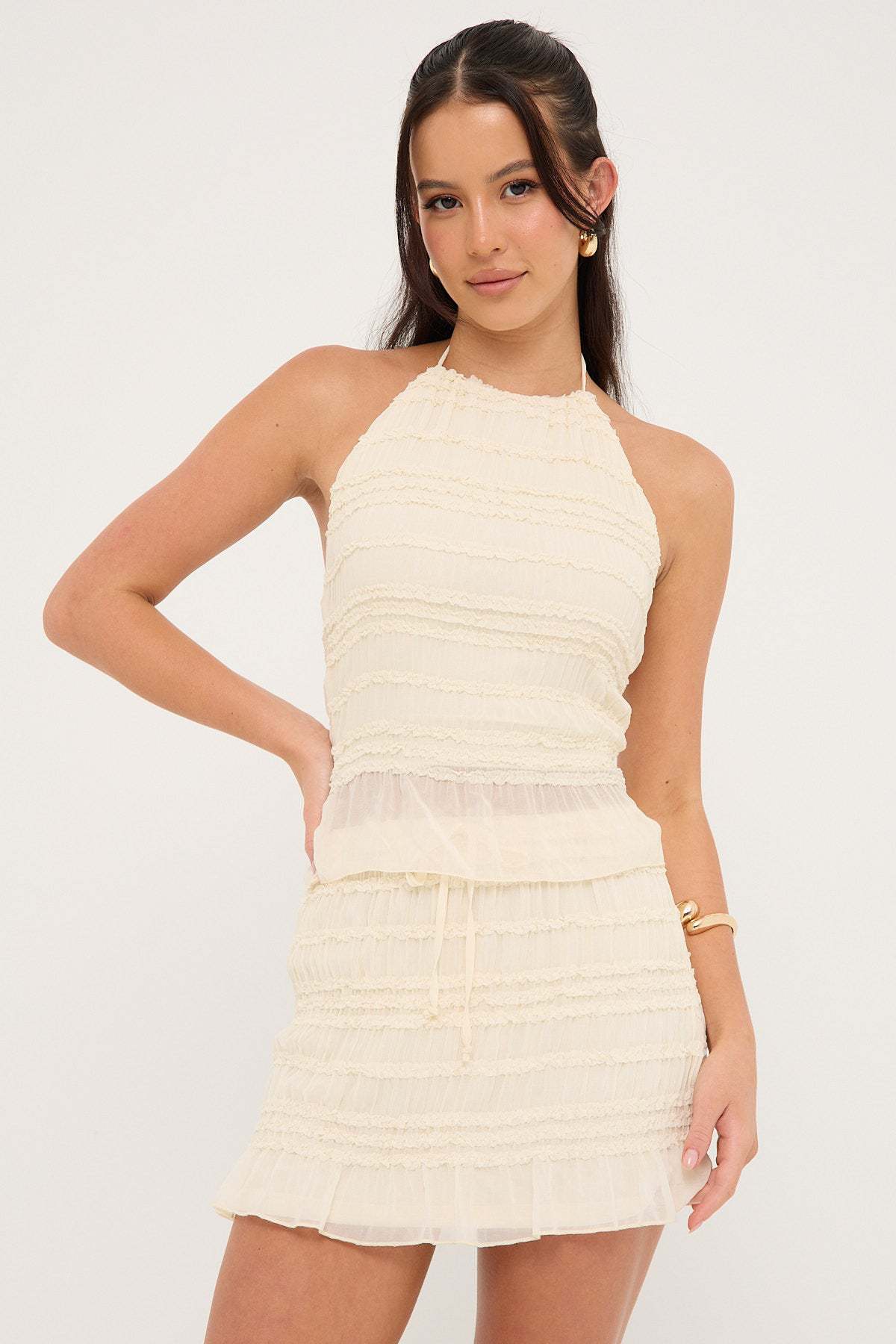 Zweiteiler Damen mit Neckholder-Top und Miniskirt in Chiffon-Rüschen – Séraphine