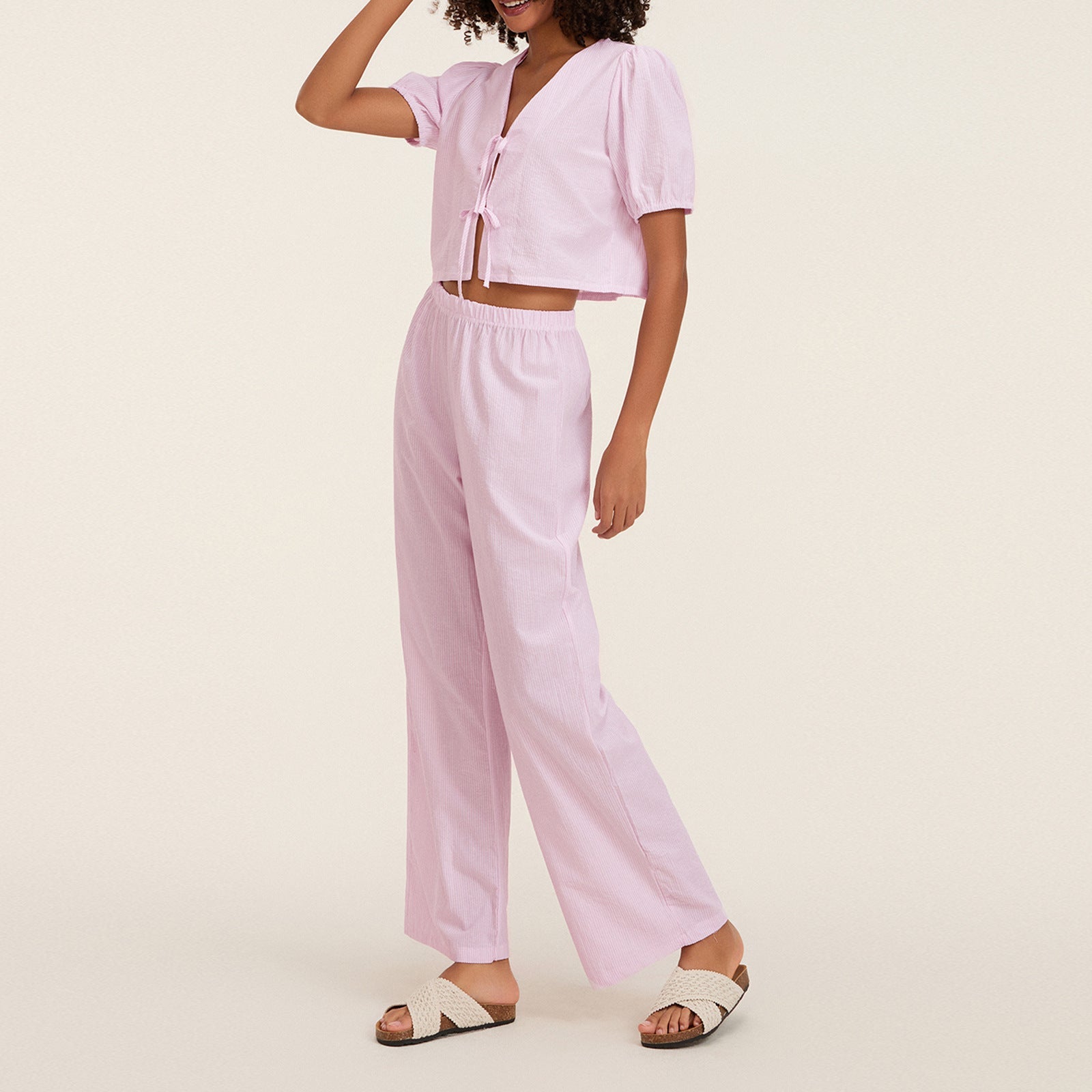 Zweiteiler Damen mit Puffärmel-Crop-Top und weiter Hose – Lilavette