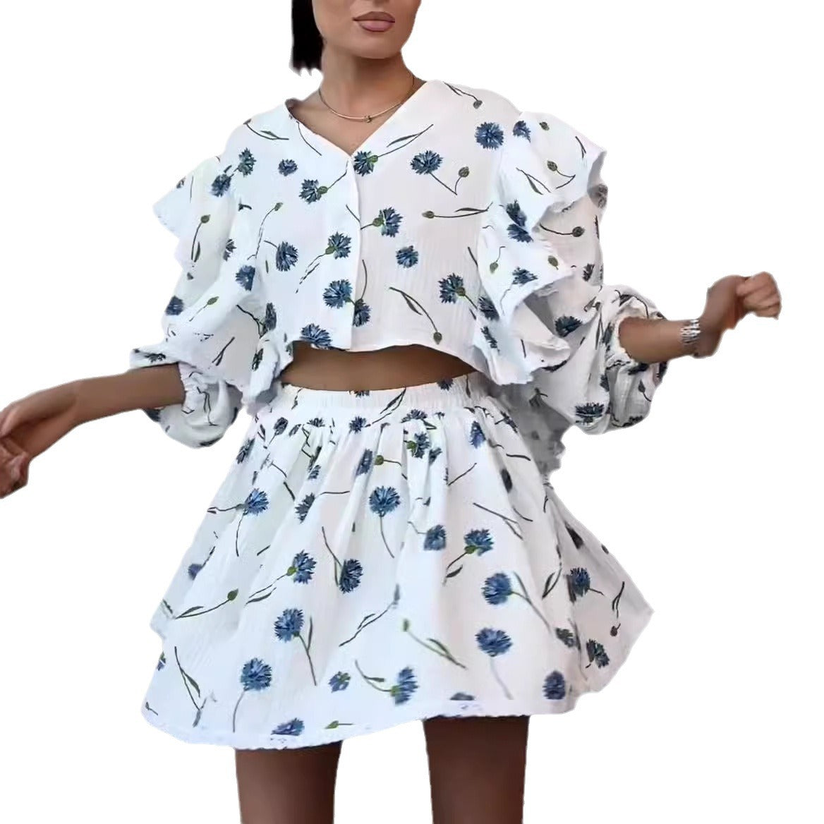 Zweiteiler Damen mit Blumen-Print und Rüschenärmeln – Cornélie