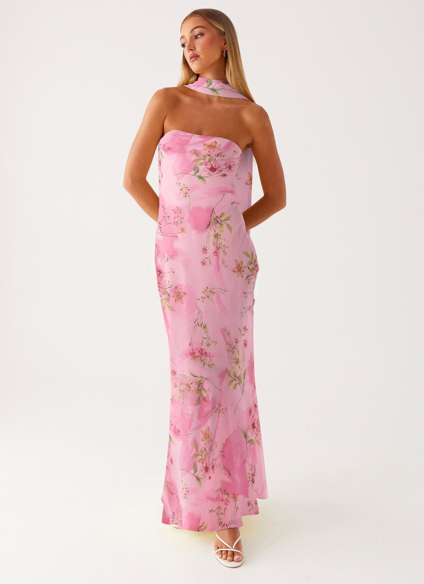 Abendkleid Damen mit Aquarell-Blumen-Print und Necktie-Detail – Rosabelle