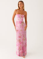 Maxikleid Damen mit Aquarell-Blumen-Print und Halter-Spaghettiträgern – Florentine
