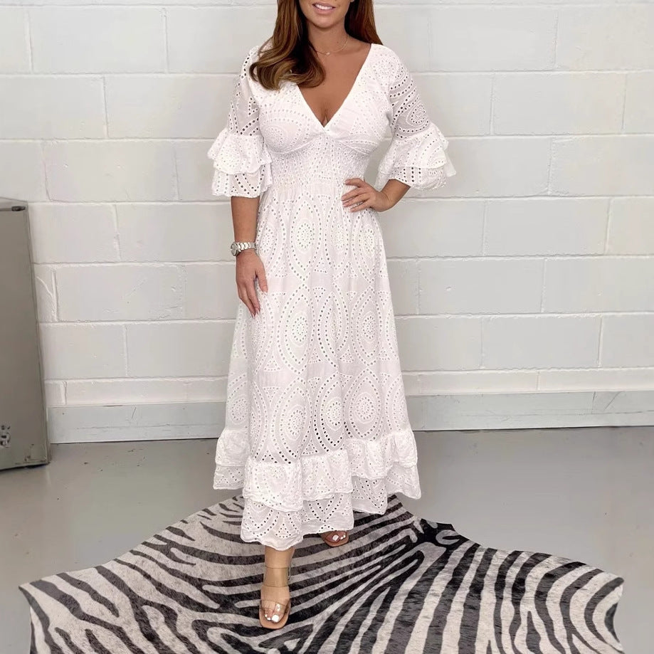 Maxikleid Damen mit Lochstickerei und Volantärmeln – Aurore