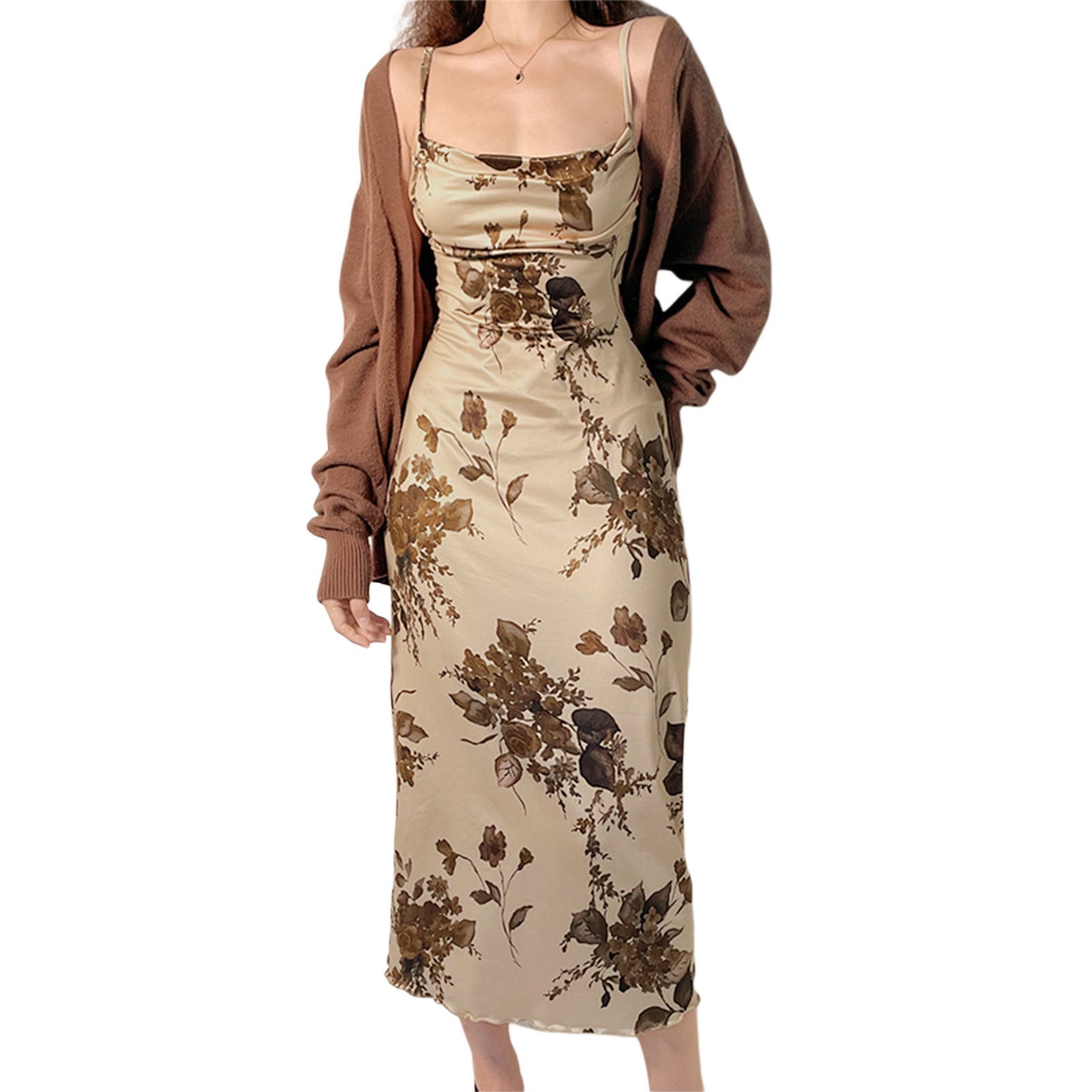 Slip-Dress Damen mit Vintage-Blumen-Print und Wasserfallausschnitt – Amabelle
