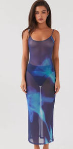 Maxikleid Damen mit großformatigem Blumen-Print und Mesh-Stoff – Flamboya