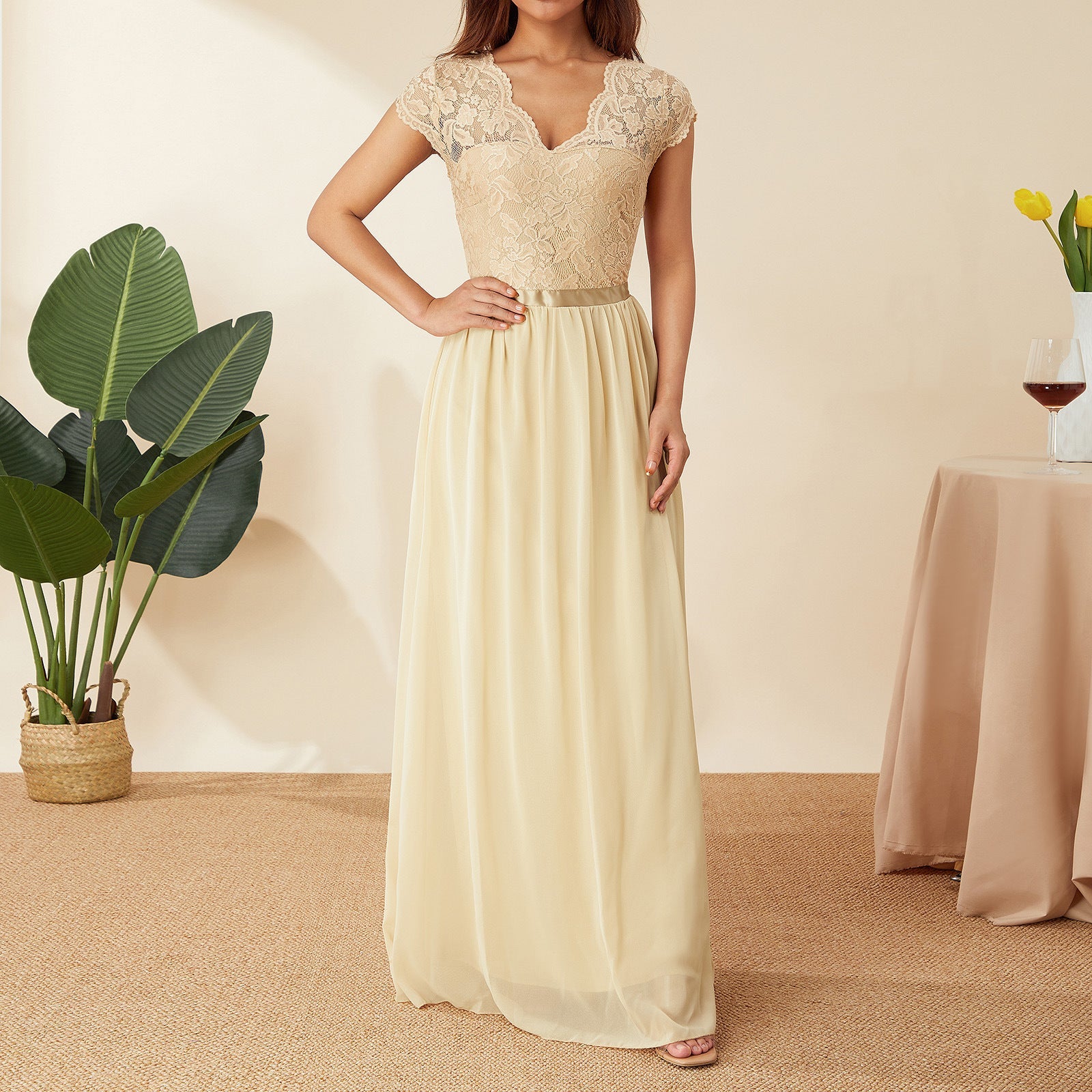 Abendkleid Damen mit Spitzen-Oberteil und Chiffon-Maxirock – Éléonore