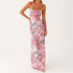 Maxikleid Damen mit Aquarell-Blumen-Print und Halter-Spaghettiträgern – Florentine
