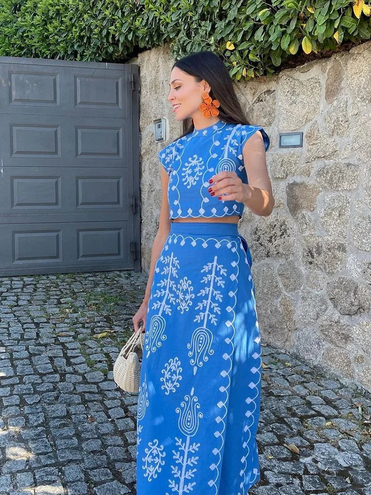 Zweiteiler Damen mit Folklore-Stickerei-Print und Maxirock – Thessalina