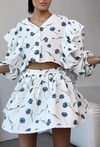 Zweiteiler Damen mit Blumen-Print und Rüschenärmeln – Cornélie