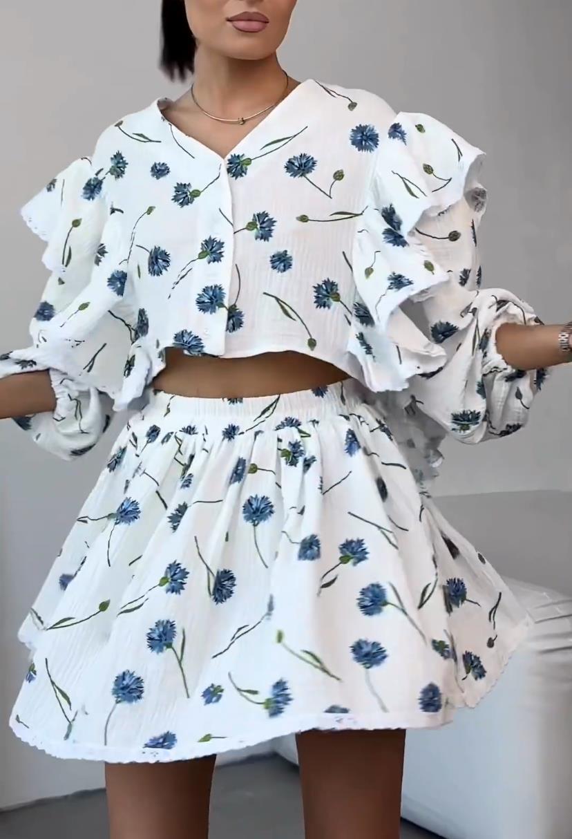 Zweiteiler Damen mit Blumen-Print und Rüschenärmeln – Cornélie