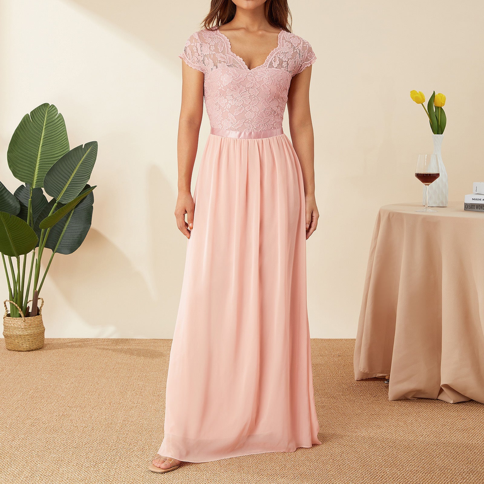 Abendkleid Damen mit Spitzen-Oberteil und Chiffon-Maxirock – Éléonore