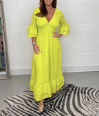 Maxikleid Damen mit Lochstickerei und Volantärmeln – Aurore