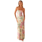 Maxikleid Damen mit Aquarell-Blumen-Print und Halter-Spaghettiträgern – Florentine