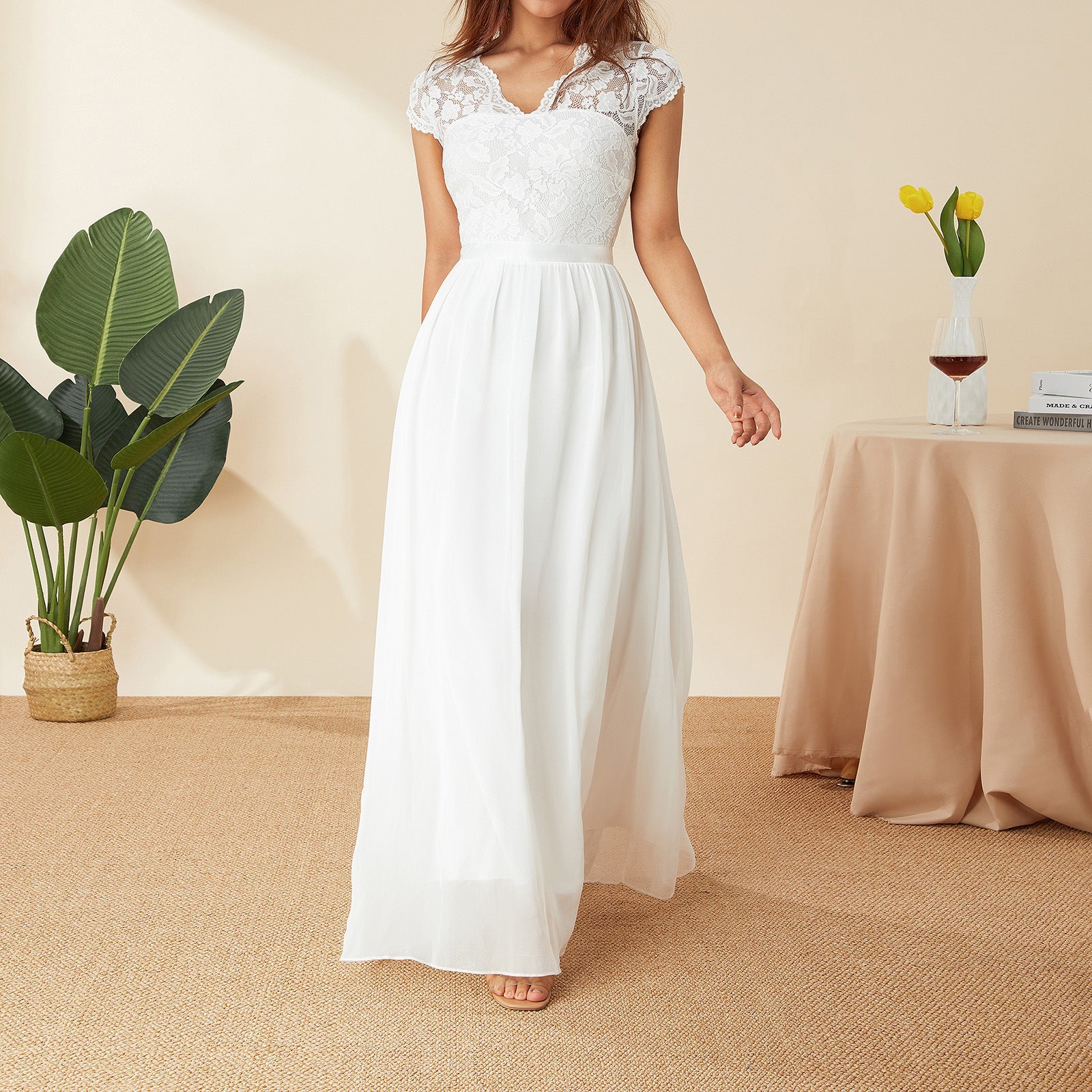 Abendkleid Damen mit Spitzen-Oberteil und Chiffon-Maxirock – Éléonore