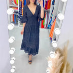 Maxikleid Damen mit Lochstickerei und Volantärmeln – Aurore